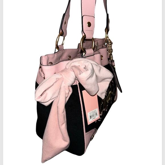 JUICY COUTURE EXCLUSIVE JUICY LOVERS CLUB BLING CROWN TOTE BLACK VELOUR & PINK - Picture 6 of 11